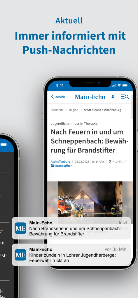 Main-Echo - Interfaz de la aplicación de noticias Main-Echo que muestra notificaciones push de noticias locales en la pantalla de un iPhone.