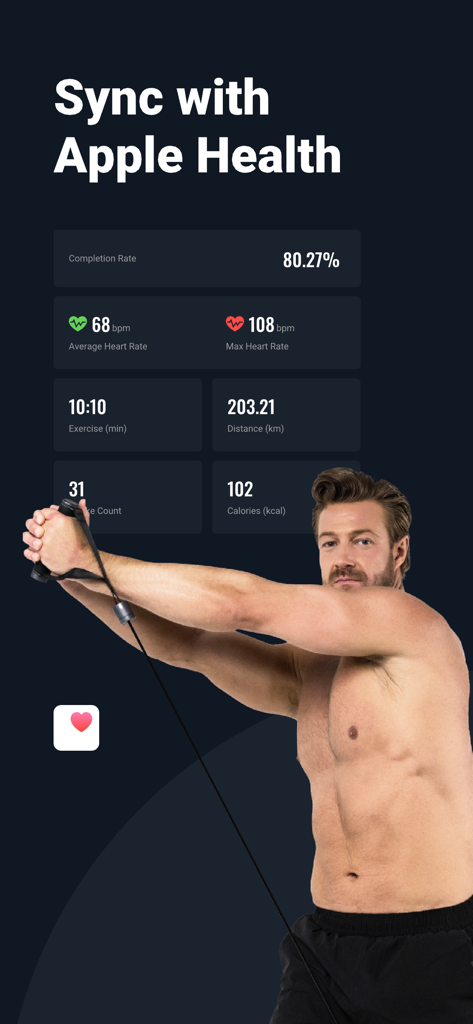 Man performing strength training next to fitness data metrics and Apple Health sync text