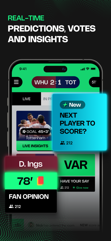 JOSTL mobile app interface showing live football match predictions and fan votes