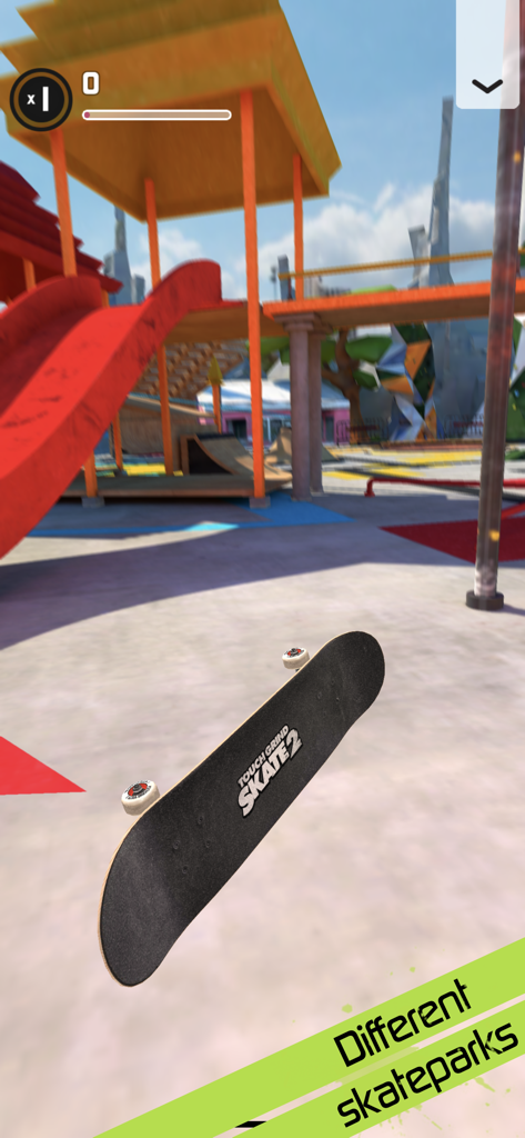 Touchgrind Skate 2 - A skateboard performing a flip trick in mid-air over a colorful outdoor skatepark.