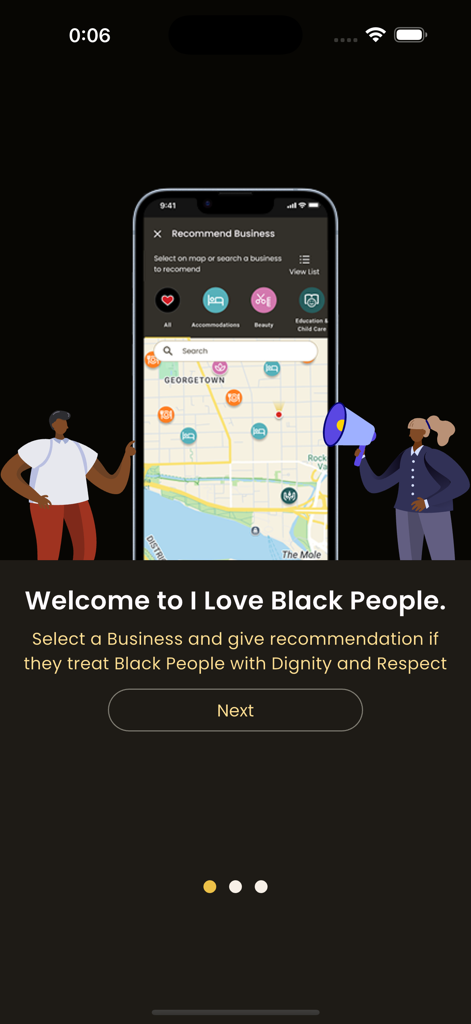 I Love Black People SafePlaces - Pantalla de bienvenida de la aplicación I Love Black People mostrando un mapa con ubicaciones de negocios seguros y una indicación de recomendación.