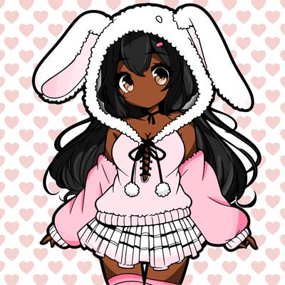 pretty anime girl wearing a fluffy hoodie with bunny ears on the hood and a skirt