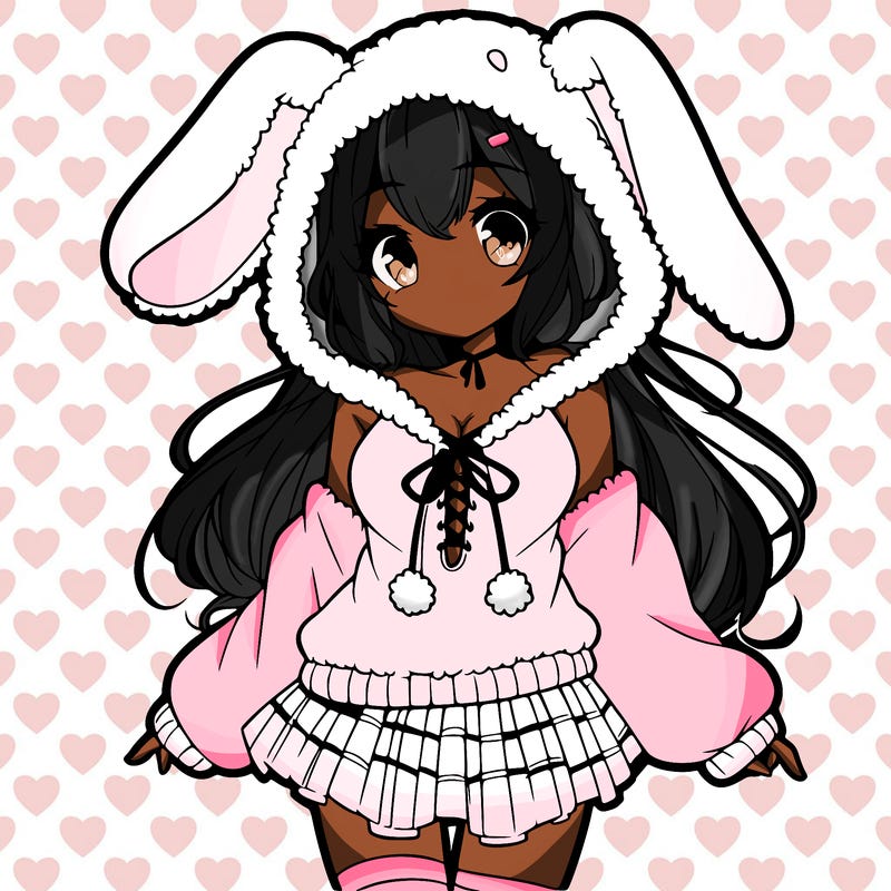 pretty anime girl wearing a fluffy hoodie with bunny ears on the hood and a skirt