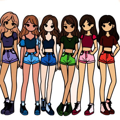 a group of girls wearing crop tops and shorts