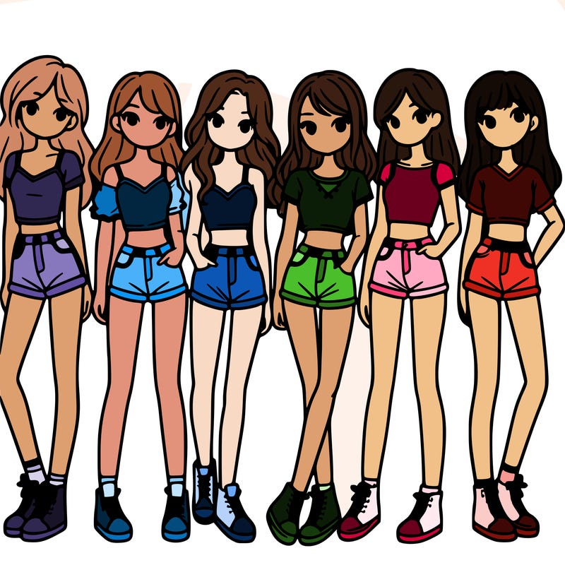 a group of girls wearing crop tops and shorts