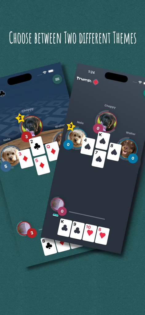 iPitch - Two different color themes for the iPitch mobile card game showing player profiles with dog photos
