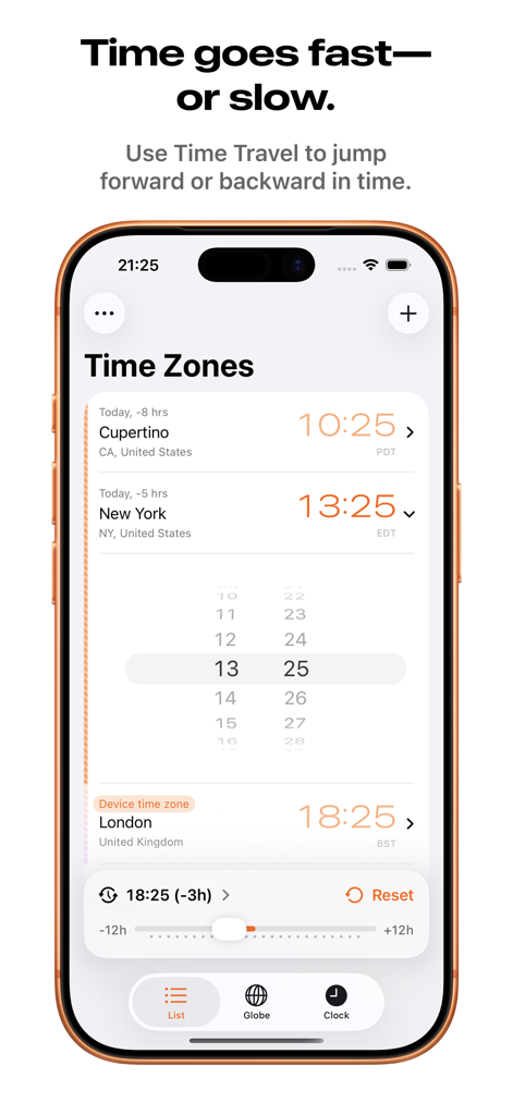 Ora: World Clock - iPhone screen displaying the Ora World Clock app with the Time Travel slider to compare different time zones.