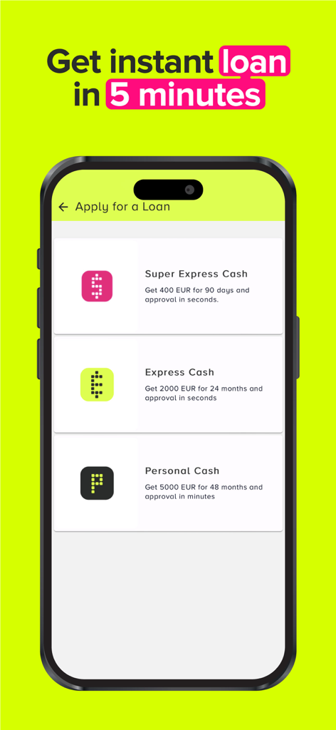 Mobile app interface of Cash Plus Digital showing three instant loan options including Super Express Cash and Personal Cash with varying amounts and terms.
