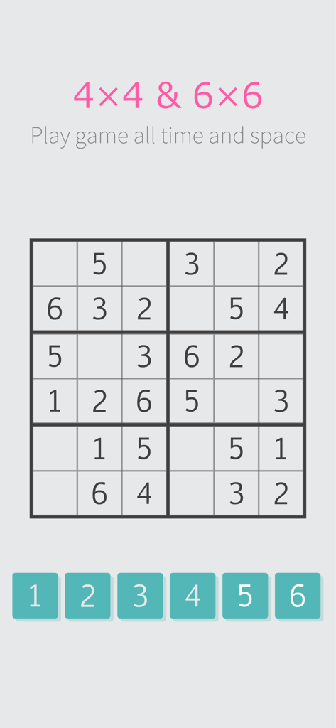 Une grille de puzzle Sudoku 6x6 sur une interface d'application mobile minimaliste et épurée avec des boutons de sélection de numéros en bas.