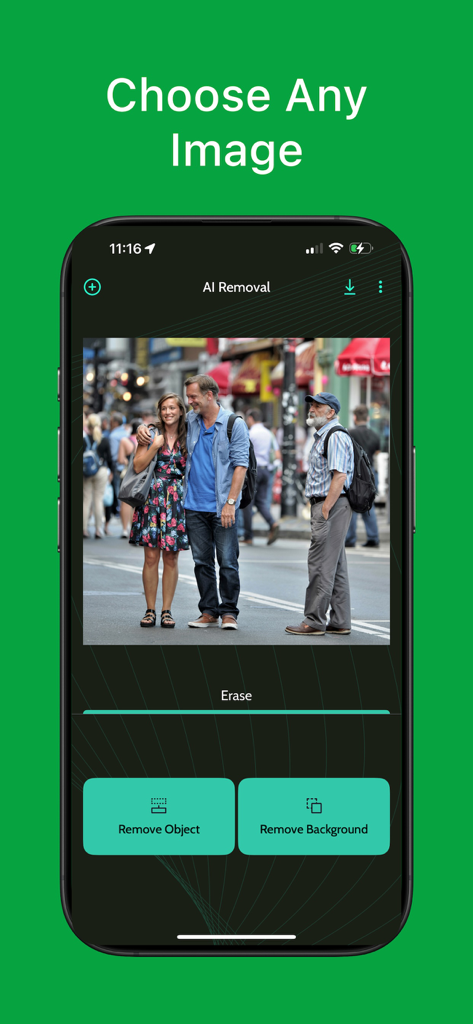 AI Object & Person Remover - AIオブジェクトおよび人物リムーバーアプリのインターフェイス。写真からオブジェクトや背景を削除するオプションが表示されています。