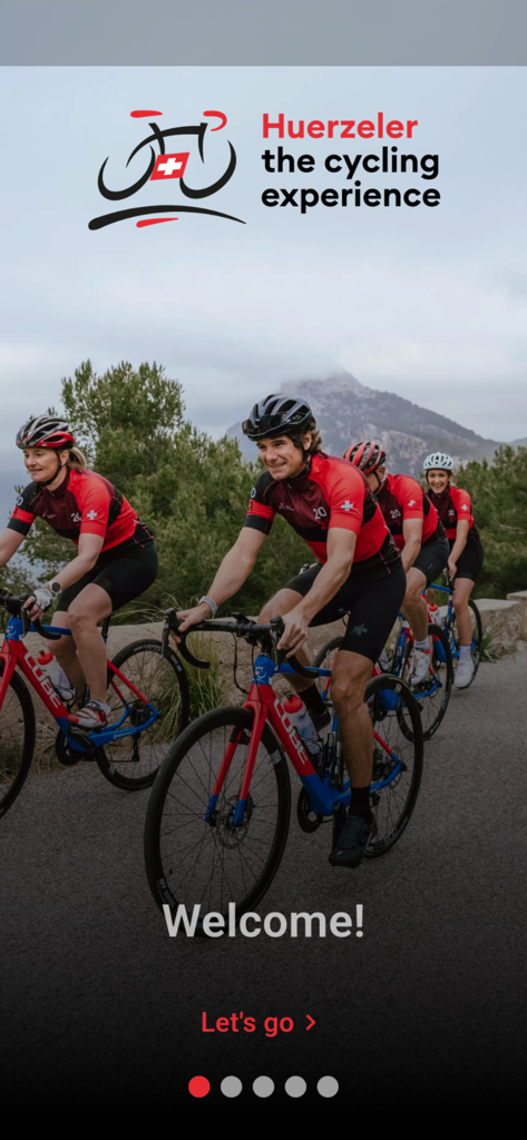 Huerzeler - Huerzeler app welcome screen with road cyclists on a mountain road