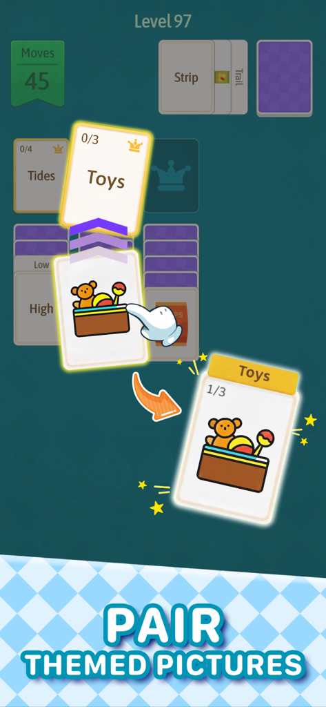 Solitaire Word Quest gameplay showing how to pair themed picture cards with word categories