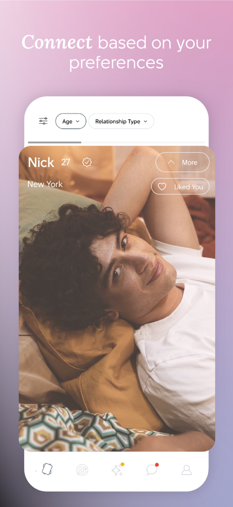 Chyrpeデーティングアプリの男性プロフィール。年齢や関係タイプでのフィルターオプションが表示されています。