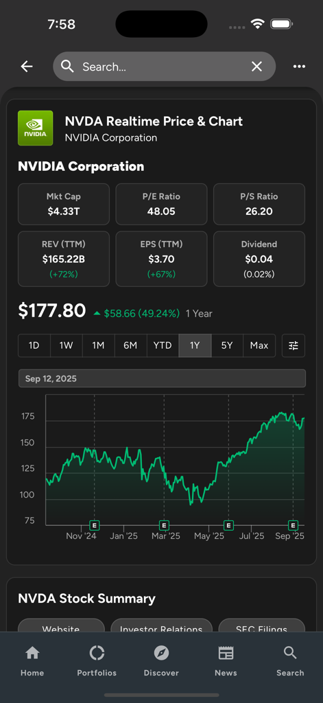 Savvy Trader - Vista dettagliata del titolo NVIDIA sull'app Savvy Trader che mostra il grafico dei prezzi e le metriche finanziarie