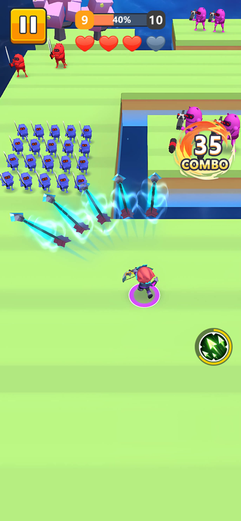 Blade Force 3D - Blade Force 3D gameplay showing a samurai character attacking a group of enemies with blue energy projectiles and a combo indicator