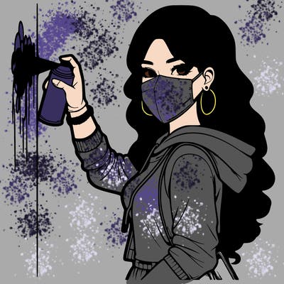 realistic girl with mask spray painting a wall