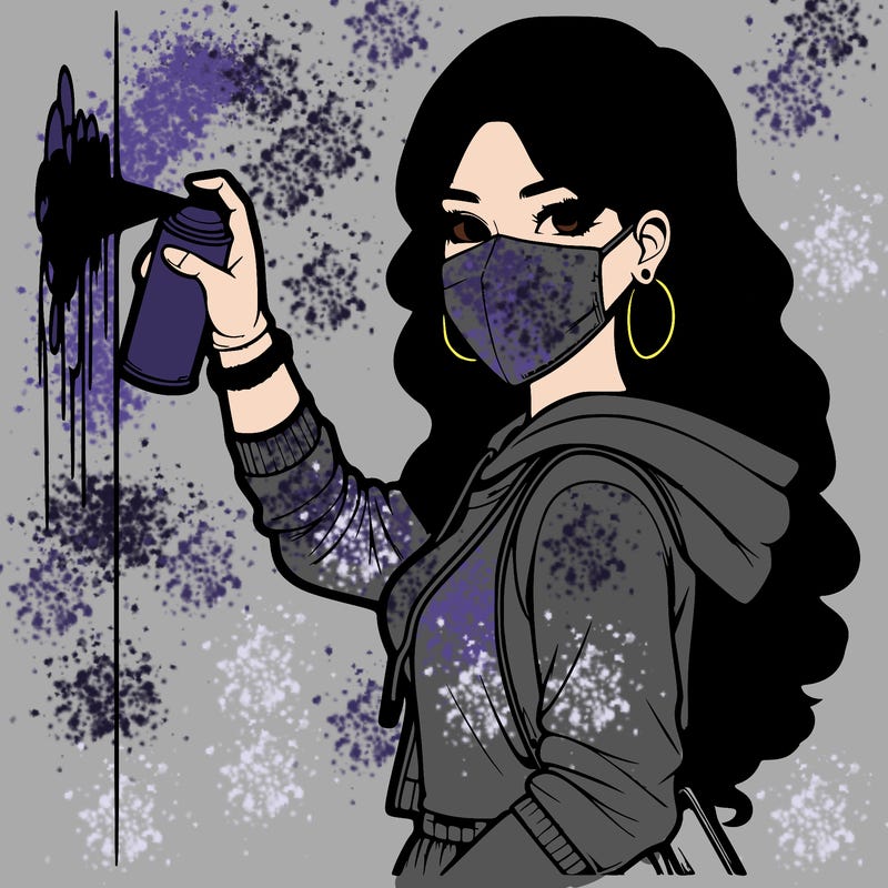 realistic girl with mask spray painting a wall