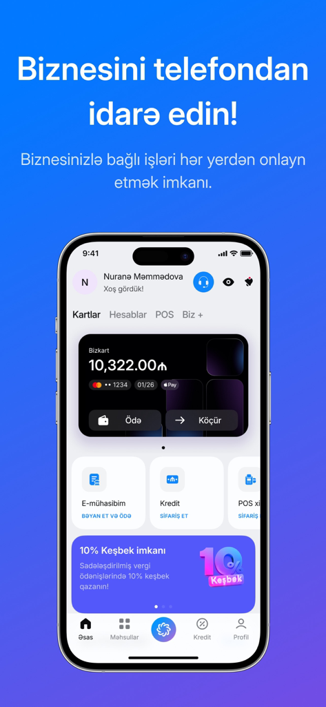 ABB Biz mobile banking app dashboard showing business account balance and financial management features in Azerbaijani