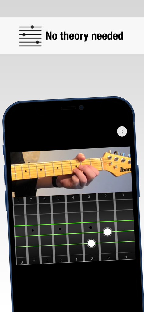 Guitar Masterclass - Screenshot dell'app Guitar Masterclass che mostra un video lezione di chitarra con un diagramma delle posizioni delle dita sulla tastiera