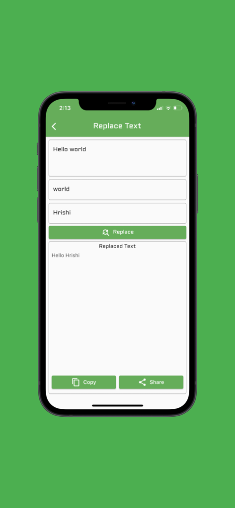 ToolKit(Pro) - Captura de pantalla de la función Reemplazar Texto en la aplicación ToolKit Pro que muestra un ejemplo de reemplazo de texto