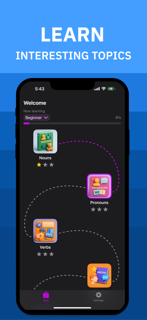English A1-C2 Grammar Quiz - Una interfaz móvil de la aplicación Cuestionario de Gramática de Inglés que muestra una ruta de aprendizaje con temas de nivel principiante como sustantivos, pronombres y verbos.