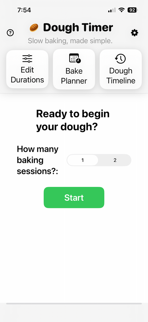 Dough Timer - The home screen of the Dough Timer app featuring a start button and navigation for bake planning and dough timeline.
