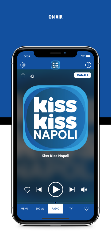 The On Air player screen of the Radio Kiss Kiss Napoli app showing the station logo and playback controls.