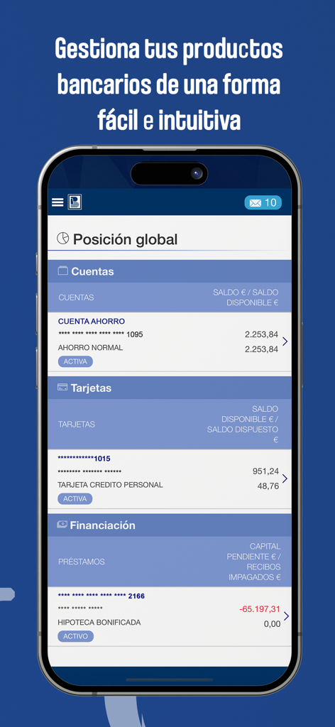 e-pueyo - Panel móvil de la app de banca e-pueyo mostrando posiciones globales de cuentas, tarjetas y financiación