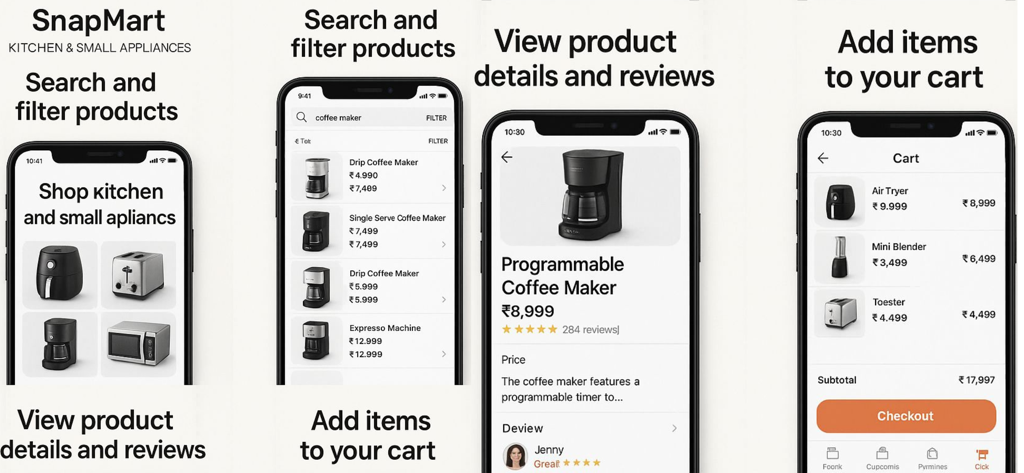 Snapmart - Online Shopping app - Snapmart app screens showing product search, coffee maker details, and shopping cart.