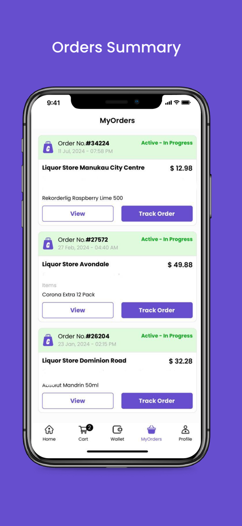 GIMME Drinks mobile app interface showing order history and real time tracking for alcohol deliveries