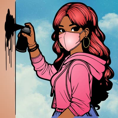 realistic girl with mask spray painting a wall