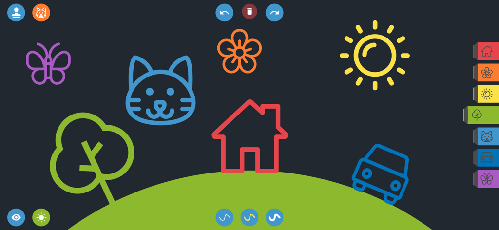 Drawing for Kids. Painting Pad - 子供向けデジタルペイントパッド、暗い背景に描かれた猫、家、太陽のカラフルなアウトラインを表示