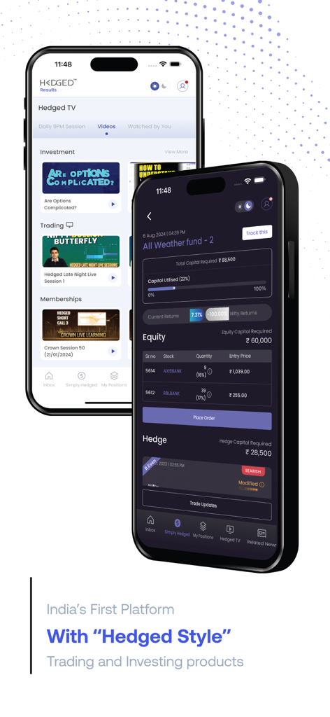 Hedged - Mobile screens of the Hedged app featuring investment funds and trading education videos