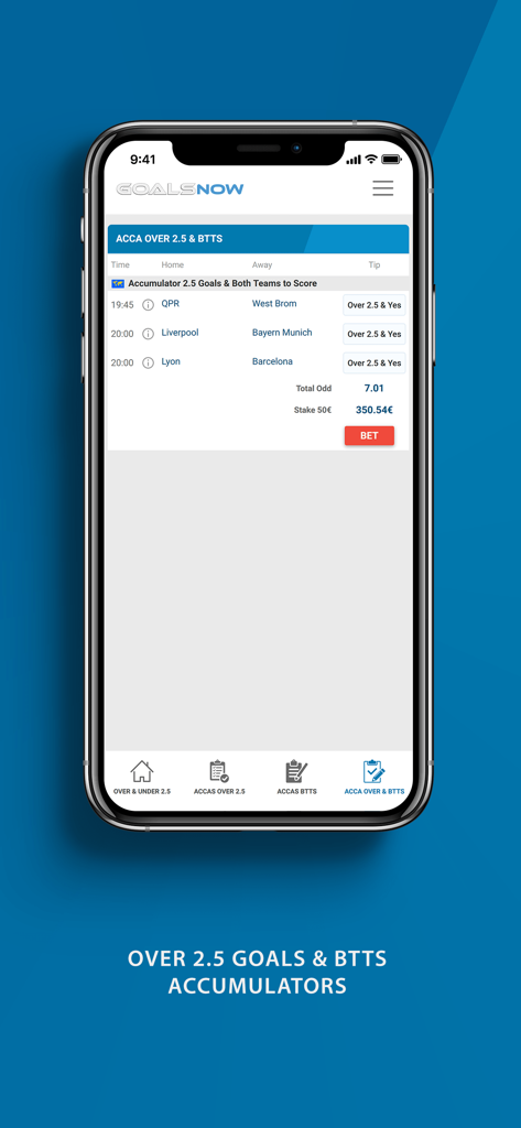 GoalsNow app displaying soccer accumulator betting tips for over 2.5 goals and both teams to score