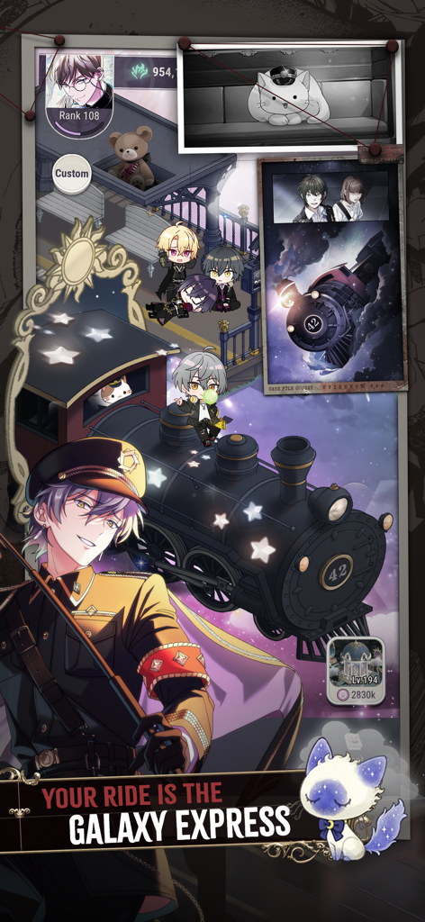 An anime character in a conductor uniform standing in front of the Galaxy Express steam train with cute cat familiars