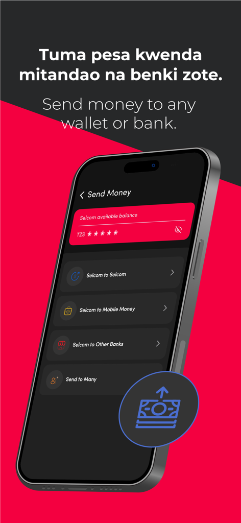 Selcom Pesa - Smartphone displaying the Selcom Pesa app Send Money screen with options for mobile money and bank transfers