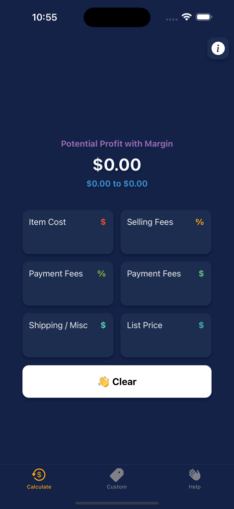 Profit calculator screen in the With Margin app with cost and fee inputs