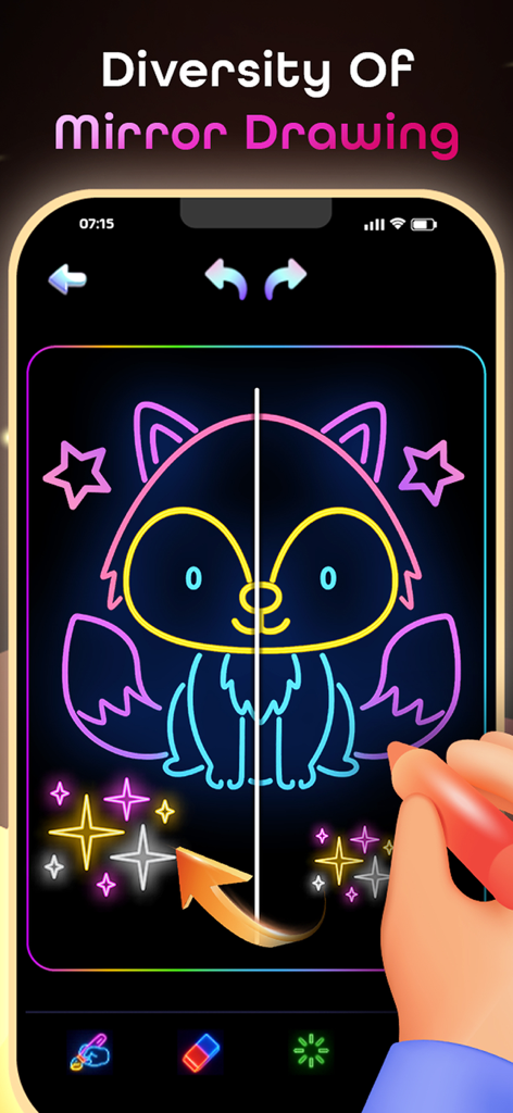 Glow Doodle: Neon Drawing Art - A neon fox illustration created with the mirror drawing tool in the Glow Doodle app.