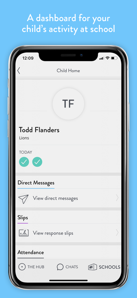 Parent Hub - A mobile dashboard in the Parent Hub app showing school activity, direct messages, and attendance for a student.