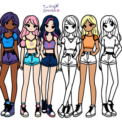 a group of girls wearing crop tops and shorts