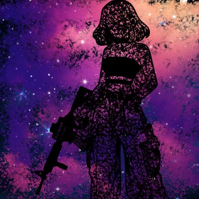 a dangerous girlcrop top and baggy jeans with a rifle in her hand