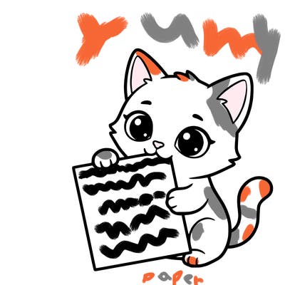 a small cat with a blank sheet of paper in its hand. the cat is sooooooo cute!