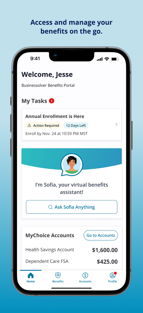 MyChoice Benefits - MyChoice Benefits mobile app home screen showing enrollment tasks and Sofia virtual assistant