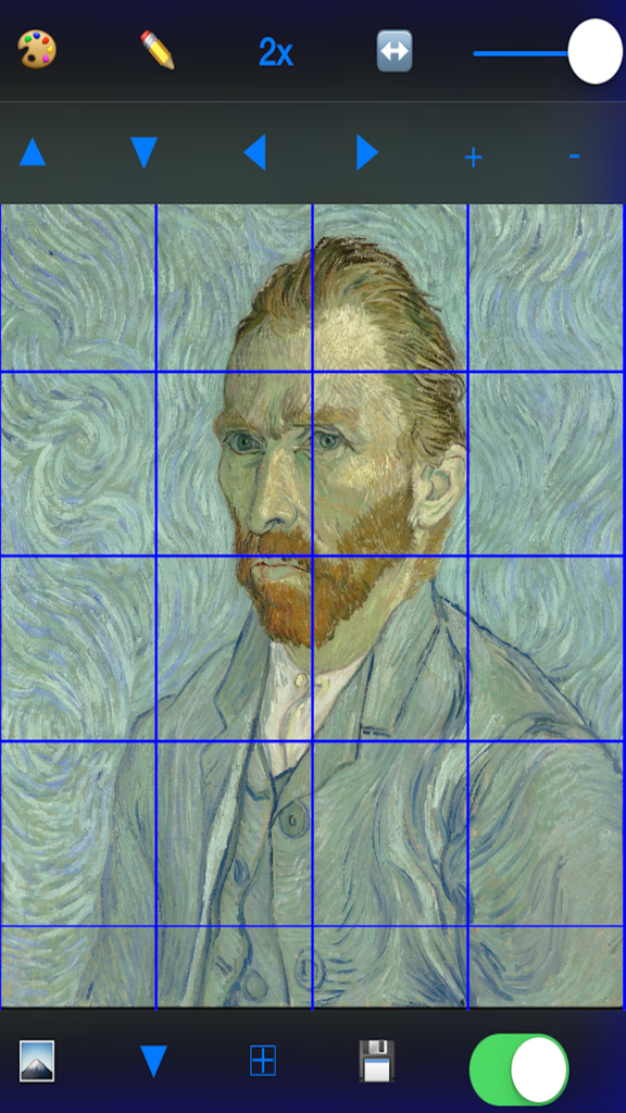 Portrait of Van Gogh with a blue grid overlay for drawing reference in the Artists Grid Tool app
