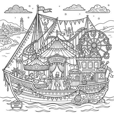 Embark on a fanciful voyage with this extraordinary coloring page, where a sturdy fishing boat transforms into a bustling carnival at sea. Dive into a world of circus tents, thrilling rides, and merry performers ready for your artistic touch.