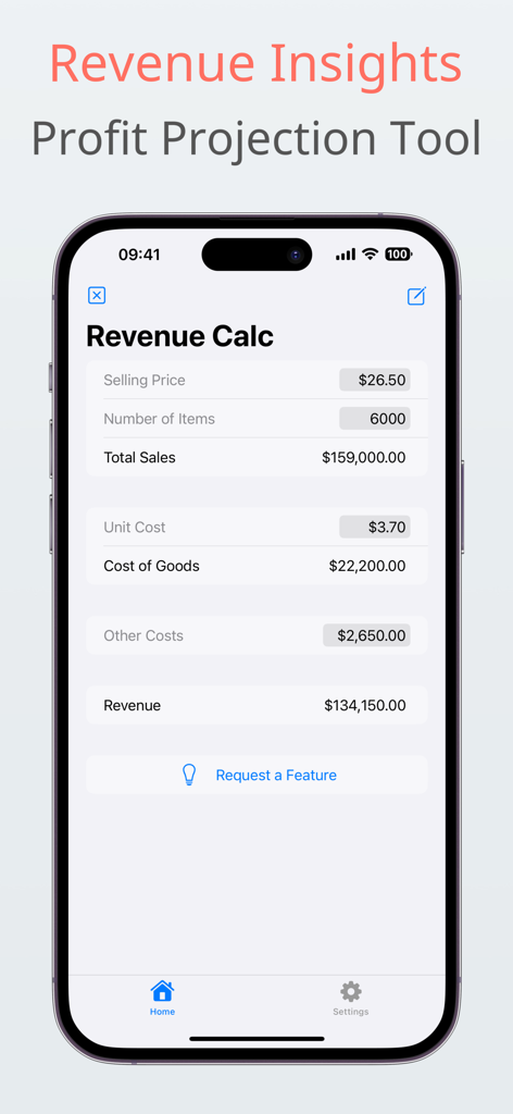 Revenue Calc - Panel de la aplicación Revenue Calc que muestra proyecciones de ganancias y datos de ventas en un iPhone