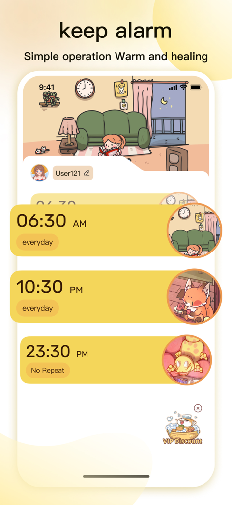 Alarm Clock-Keep Alarm - Keep Alarm app interface showing multiple set alarms with a cute and healing aesthetic featuring cartoon illustrations and warm colors