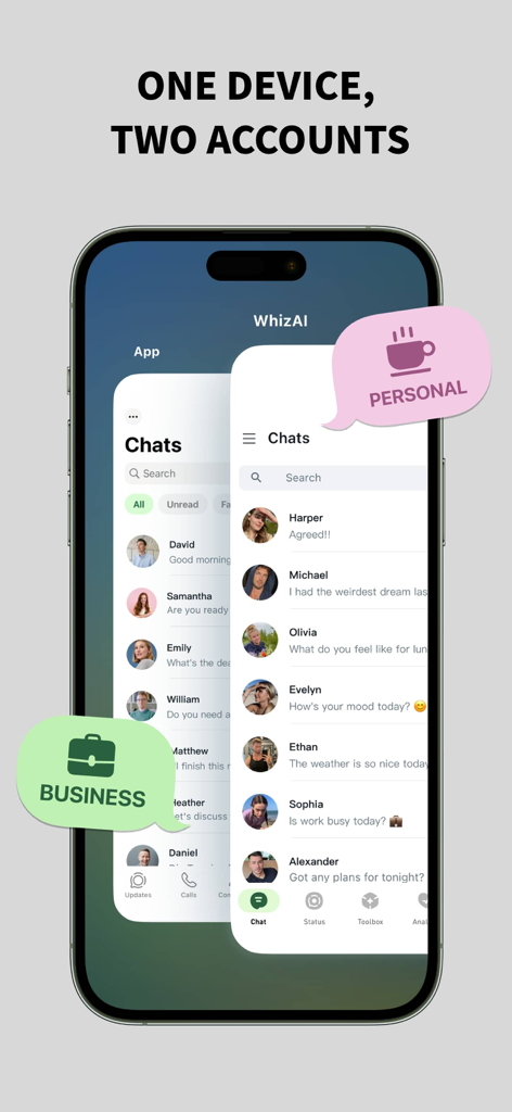 WhizAI for WA app interface showing separate business and personal chat accounts on one smartphone.