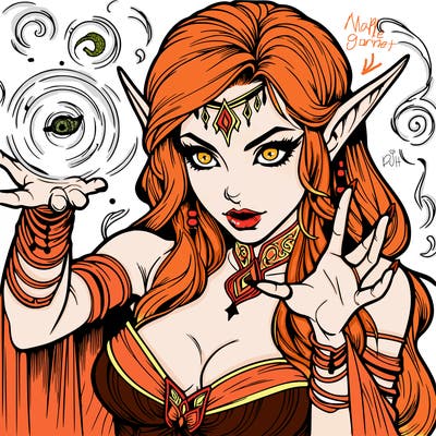 realistic scary beautiful elf sorceress casting spell