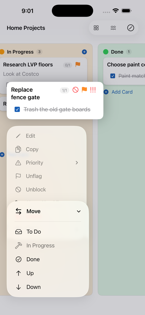 My Task Board - To Do Tracker - My Task Board App zeigt ein Menü zum Verschieben von Karten zwischen Aufgaben-Spalten auf dem iPhone an